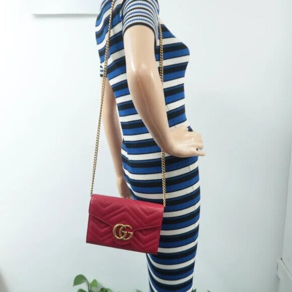 Authentic GUCCI GG Marmont Chain Wallet Red Leather Shoulder Bag Lux550-100225 - Picture 12 of 12